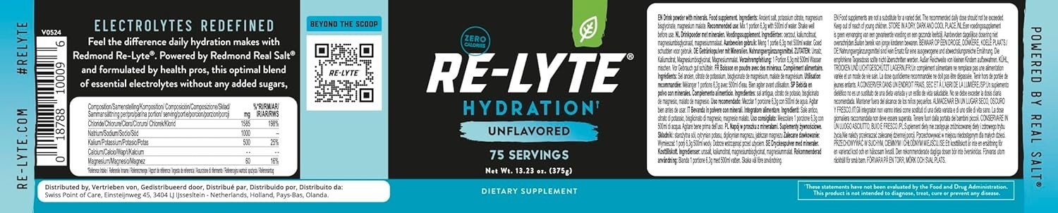 Redmond Re-Lyte Hydration Electrolyte Mix Unflavored 75 Servings BRAND NEW!