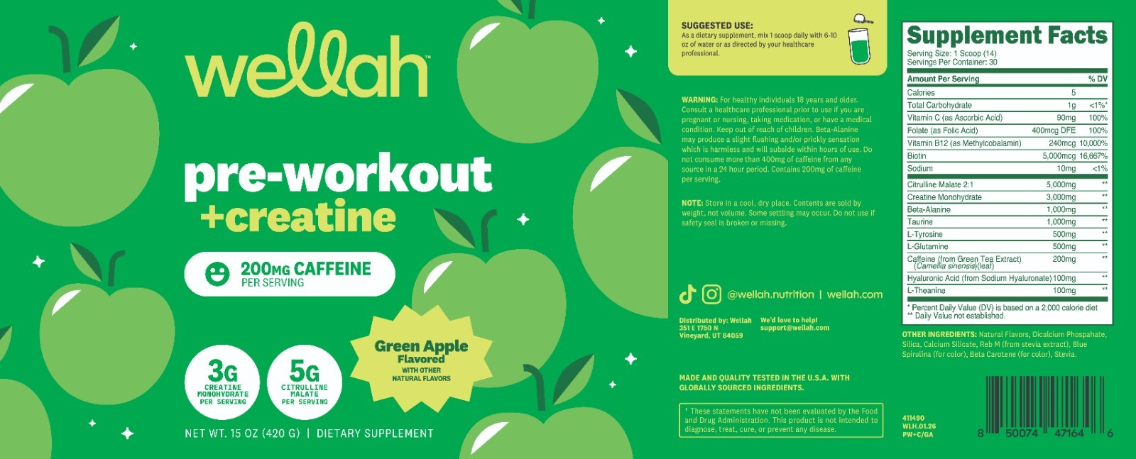 Wellah Pre-Workout + Creatine Powder (30 Servings) Green Apple – 200mg Caffeine