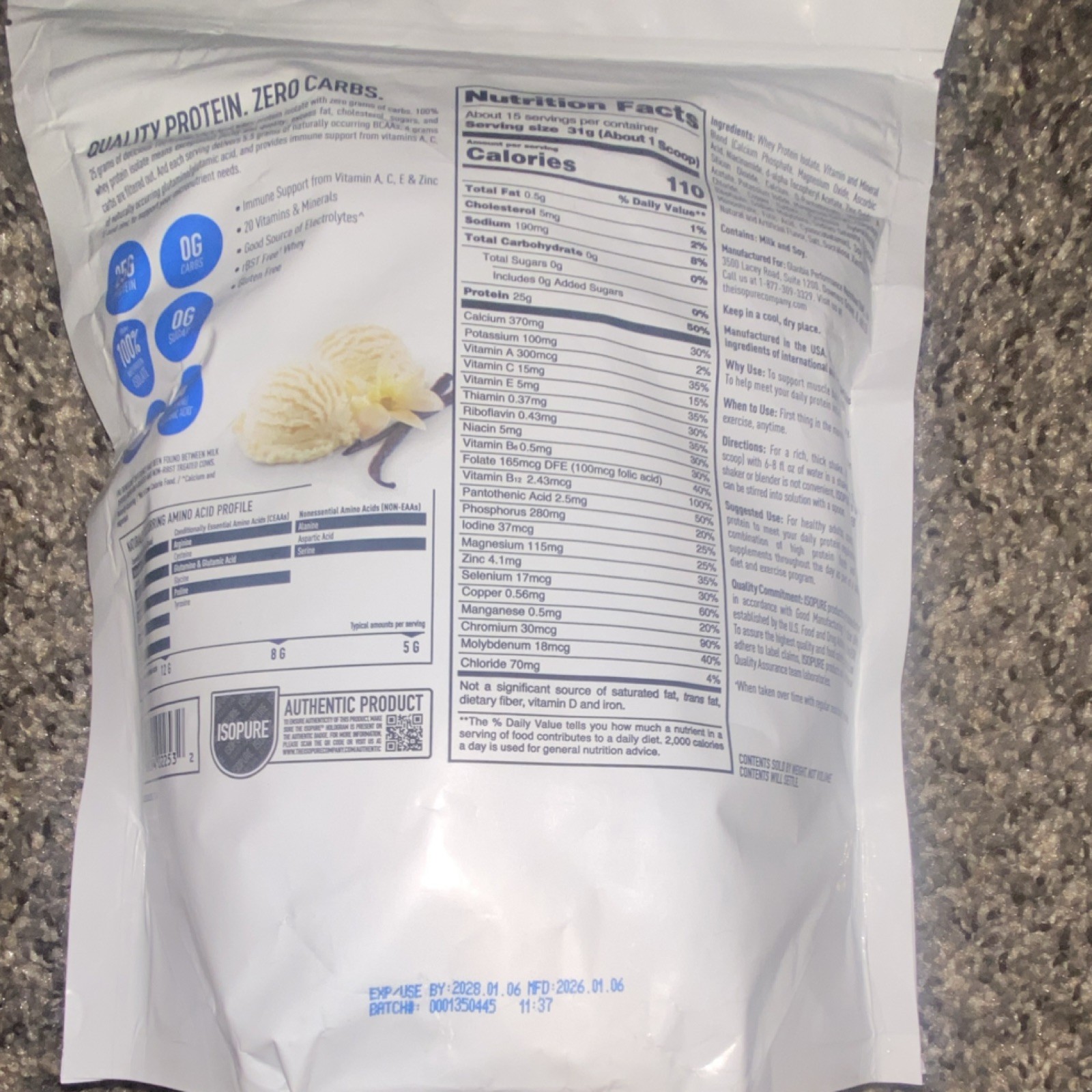 Isopure Zero Carb Whey Protein Isolate Powder Creamy Vanilla 16.4 oz 15 Serv
