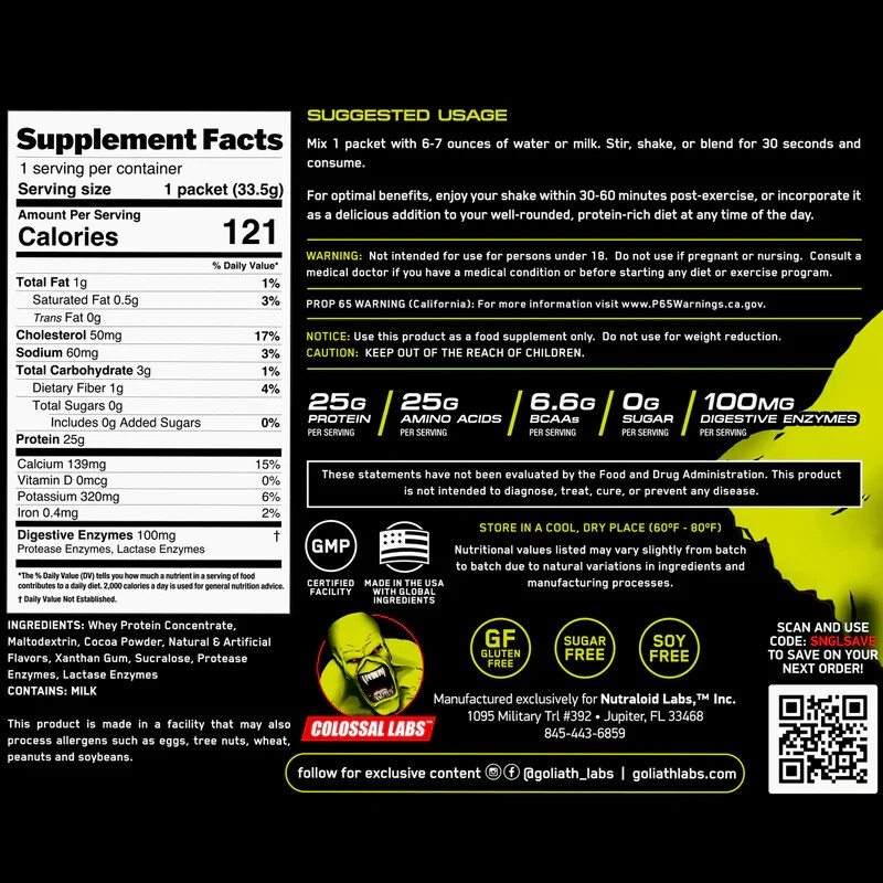 Monster Muscle Whey Protein Powder Travel Sample Single Serving Colossal Labs