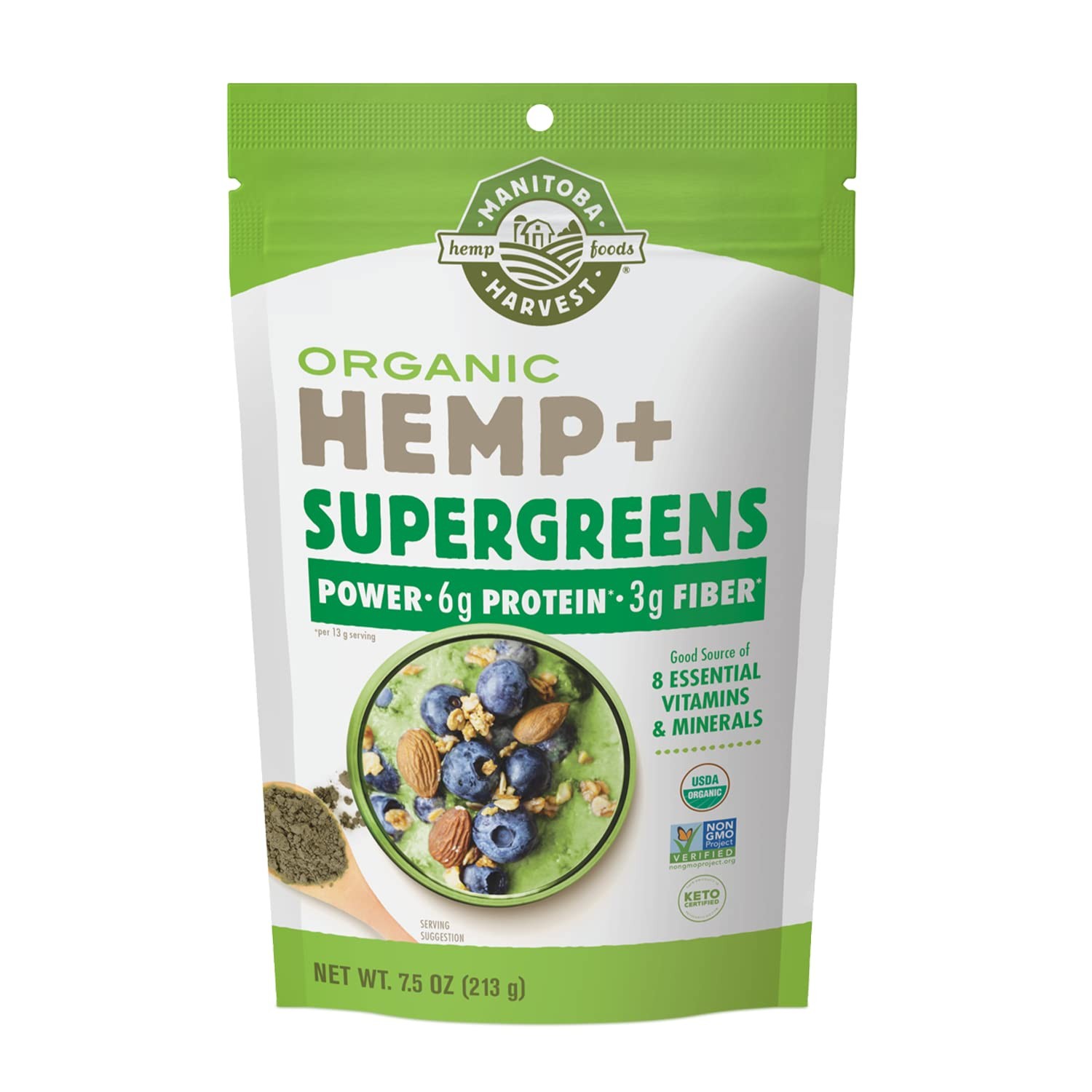 Manitoba Harvest Organic Hemp Supergreens Powder 7.5Oz Protein Fiber Superfood