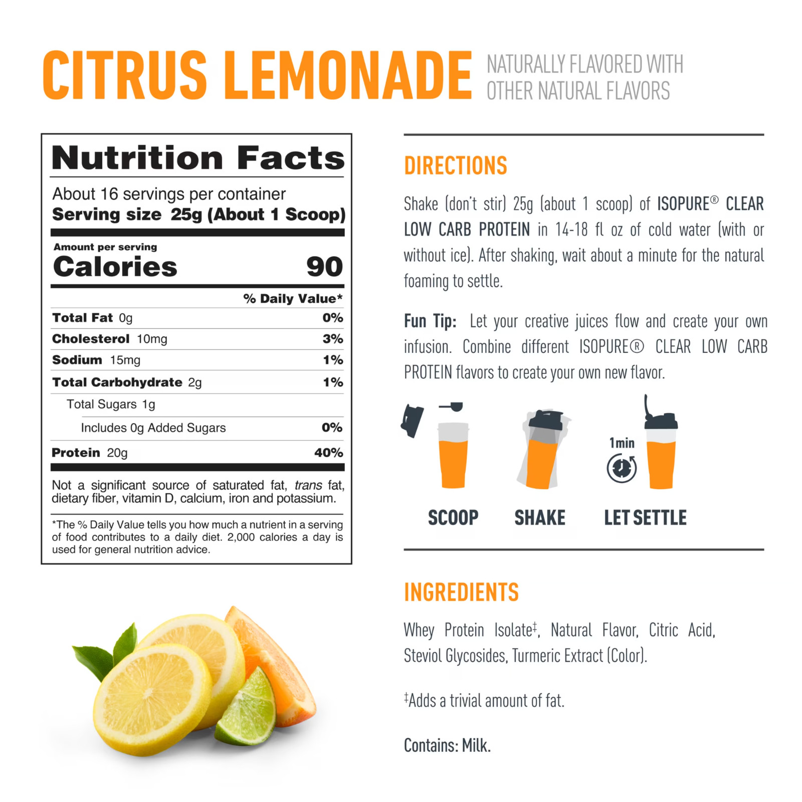 Isopure Clear Low Carb 100% Whey Protein Isolate Powder, Citrus Lemonade, 14 Oz