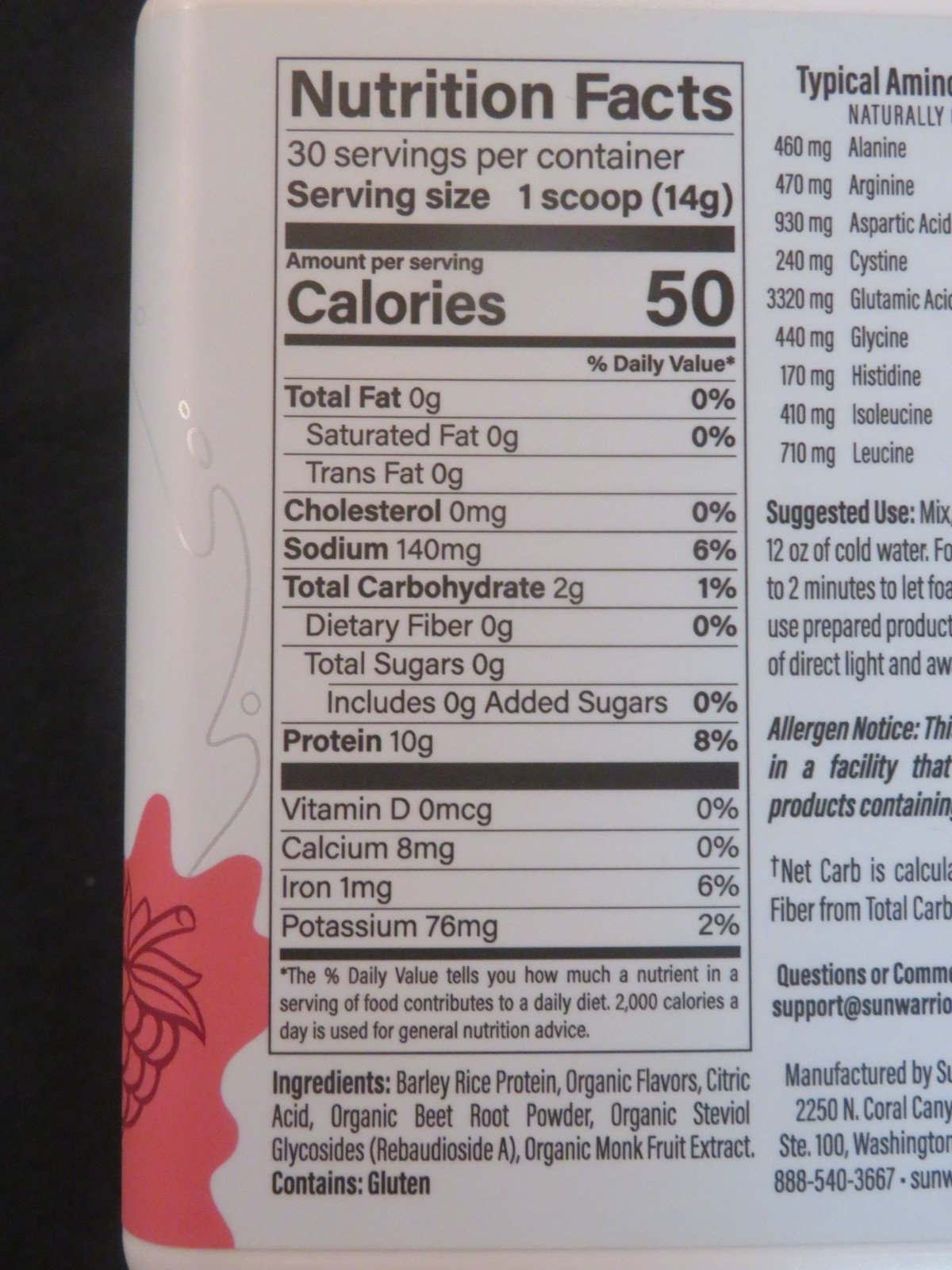 SunWarrior Plant Based Clear Protein Refresh Raspberry 14.8 Oz 30 Servings