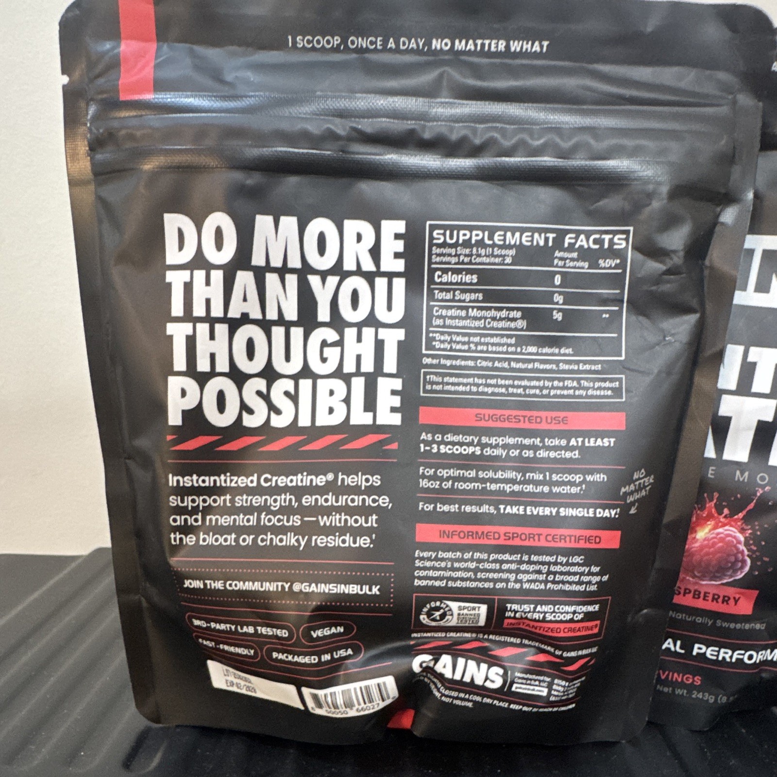 GAINS Creatine Monohydrate Powder Sour Raspberry 243g 30 Serv 5g Vegan 2 PACK