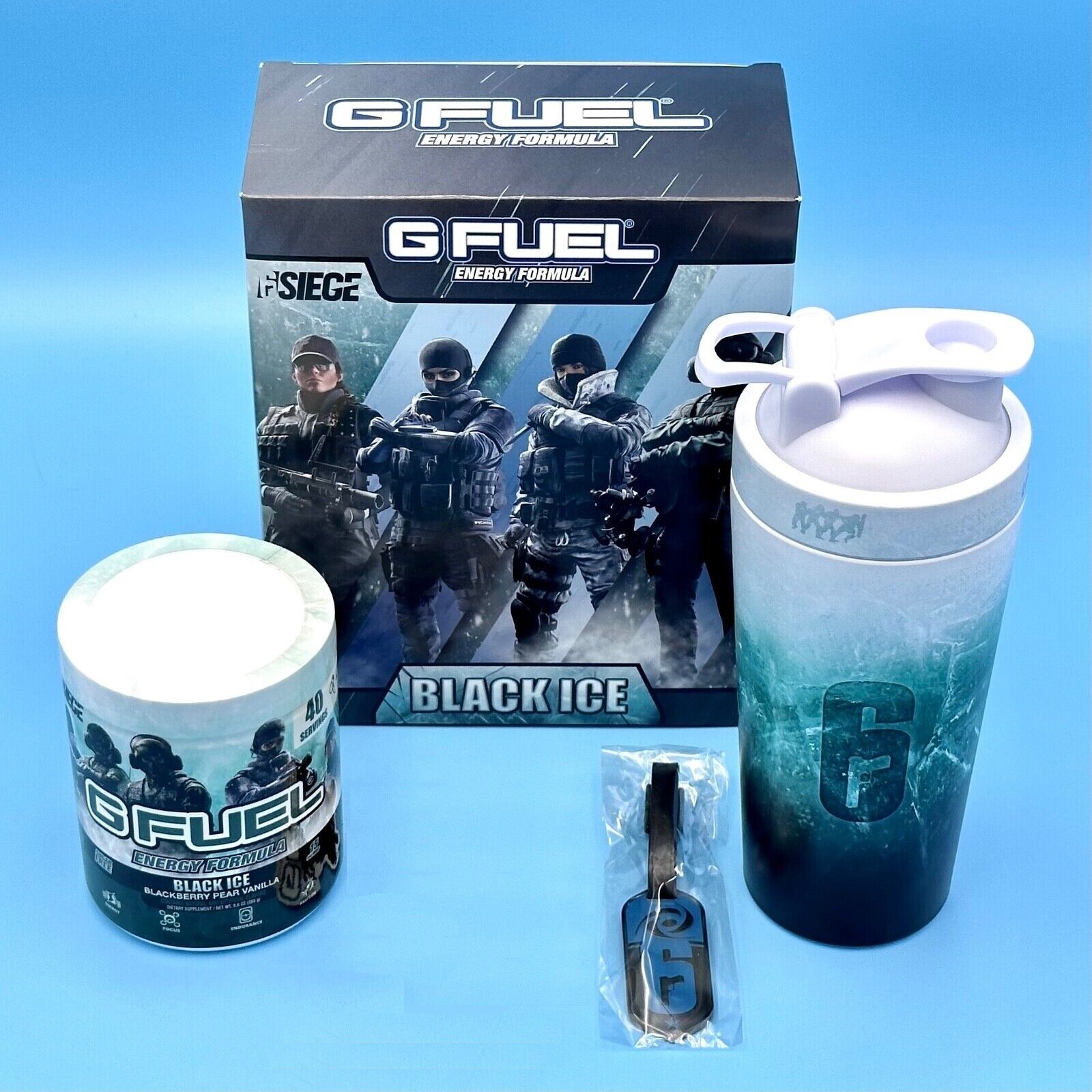 G Fuel Six Siege Black Ice Collector’s Box Tall Boy Metal Shaker Cup + Charm Tag