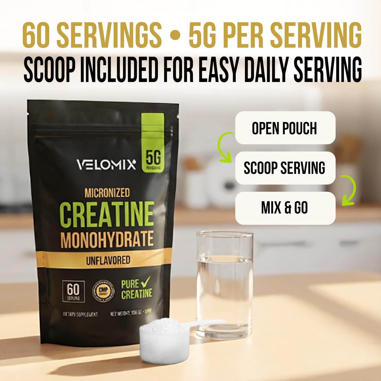 VELOMIX Pure Micronized Unflavored Creatine Monohydrate Powder 60 Servings