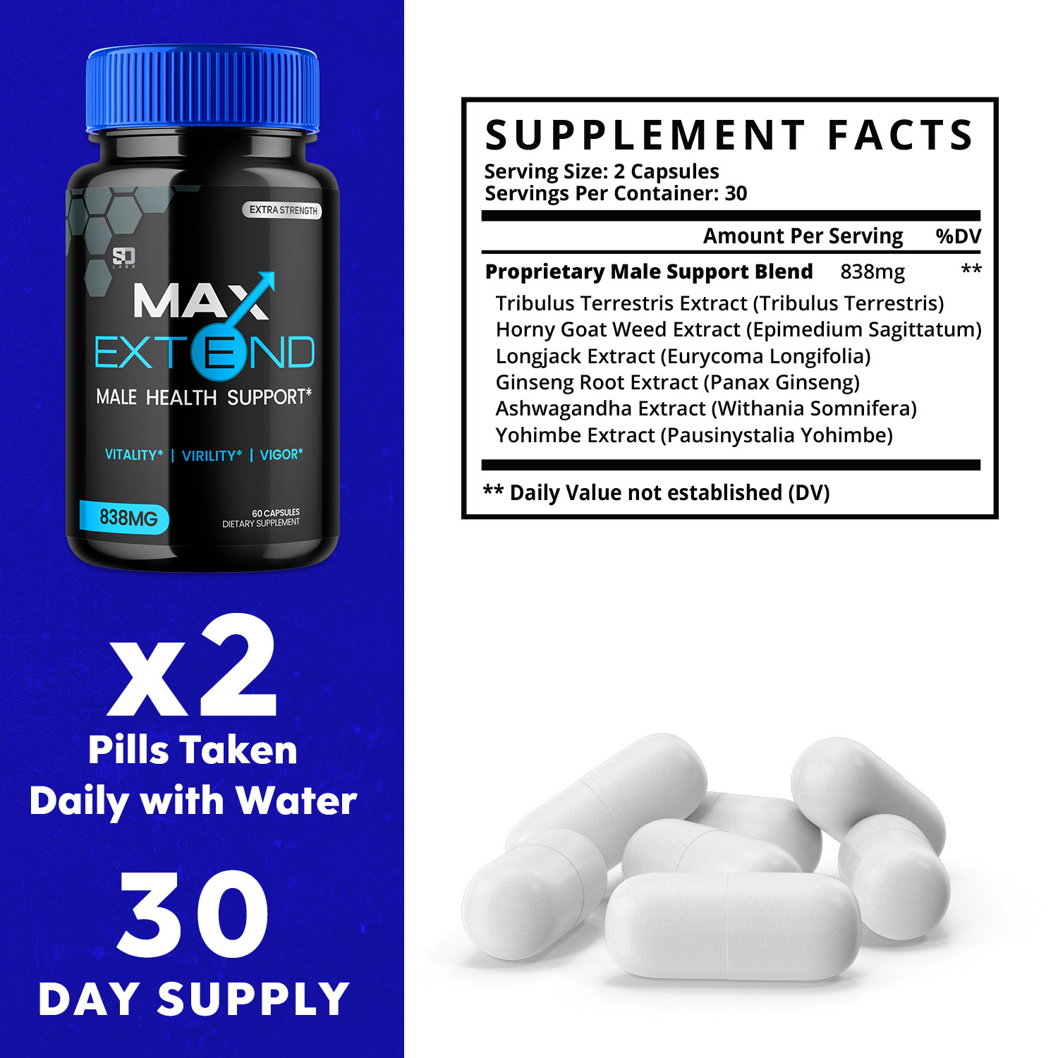 Max Extend Male Health Support Pills to Boost Vitality Virility Vigor 1 Pack