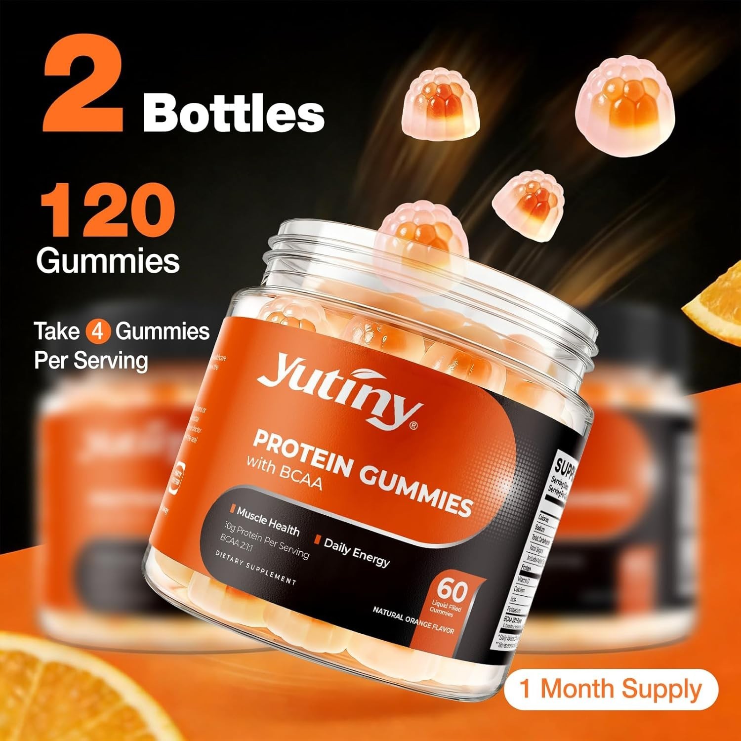 Yutiny Whey Protein Gummies 10g Protein BCAA 2:1:1 – Sugar Free Orange 120 Count