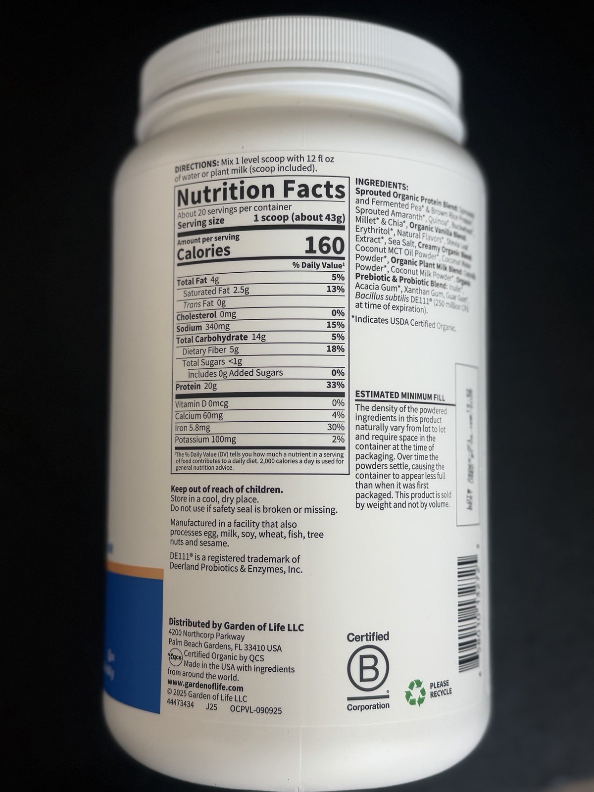 Garden of Life Organic Protein Powder Vanilla Cookie 1lb 14.3oz Exp 3/28