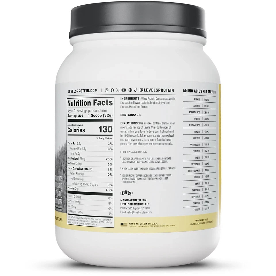 Levels Grass Fed Whey Protein Powder, No Artificials,24G of Protein,Vanilla Bean