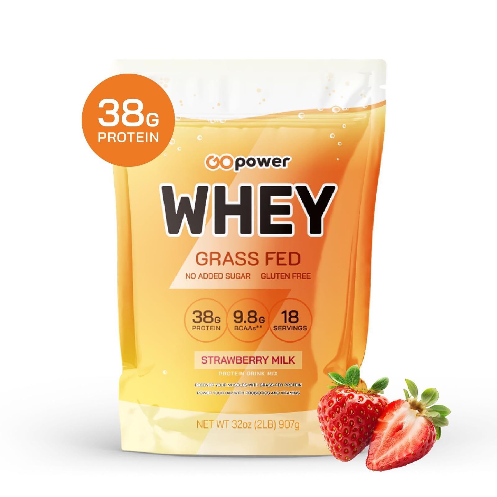 GOPOWER Whey Protein Powder, with BCAAs, Grass Fed Protein Powder, 2 Pound, 1…