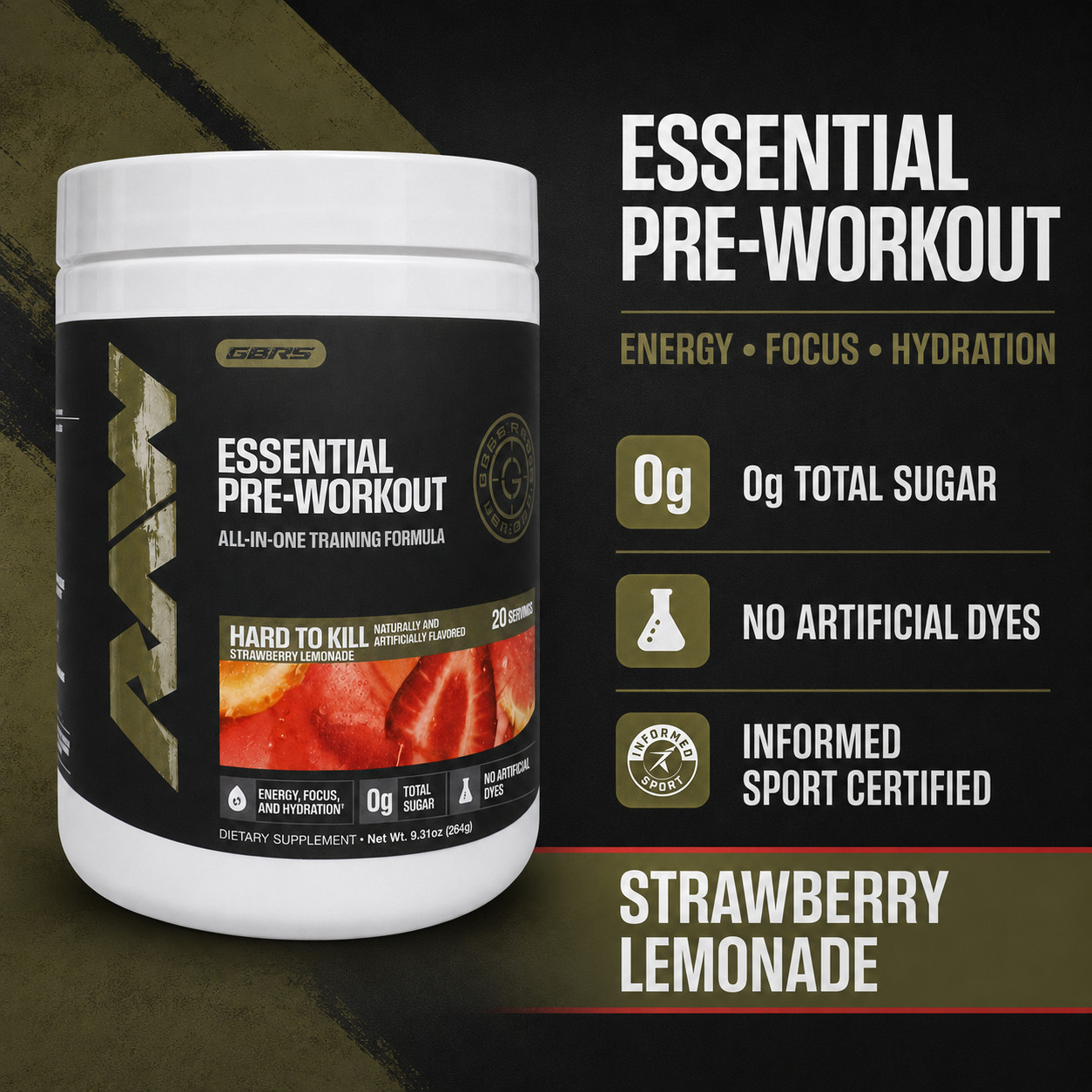 RAW x GBRS Essential Pre-Workout Hard to Kill Strawberry Lemonade Exp 06/2028