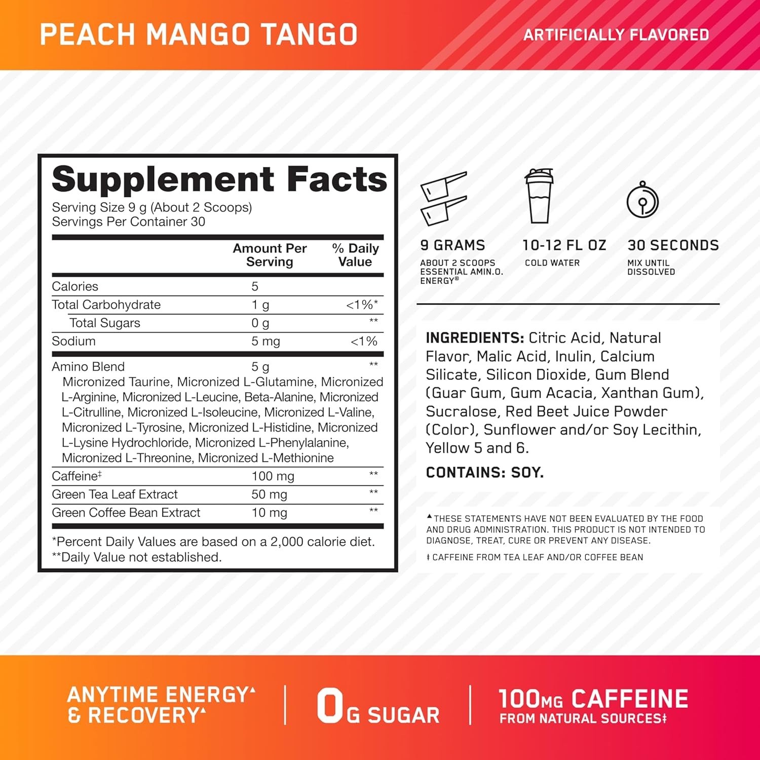 Amino Energy Powder – Peach Mango Tango, 100mg Caffeine per Serving, 30 Servings