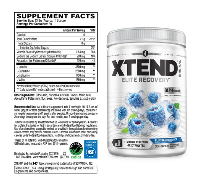 XTEND Original BCAA Powder, Blue Raspberry Ice, 30 Servings