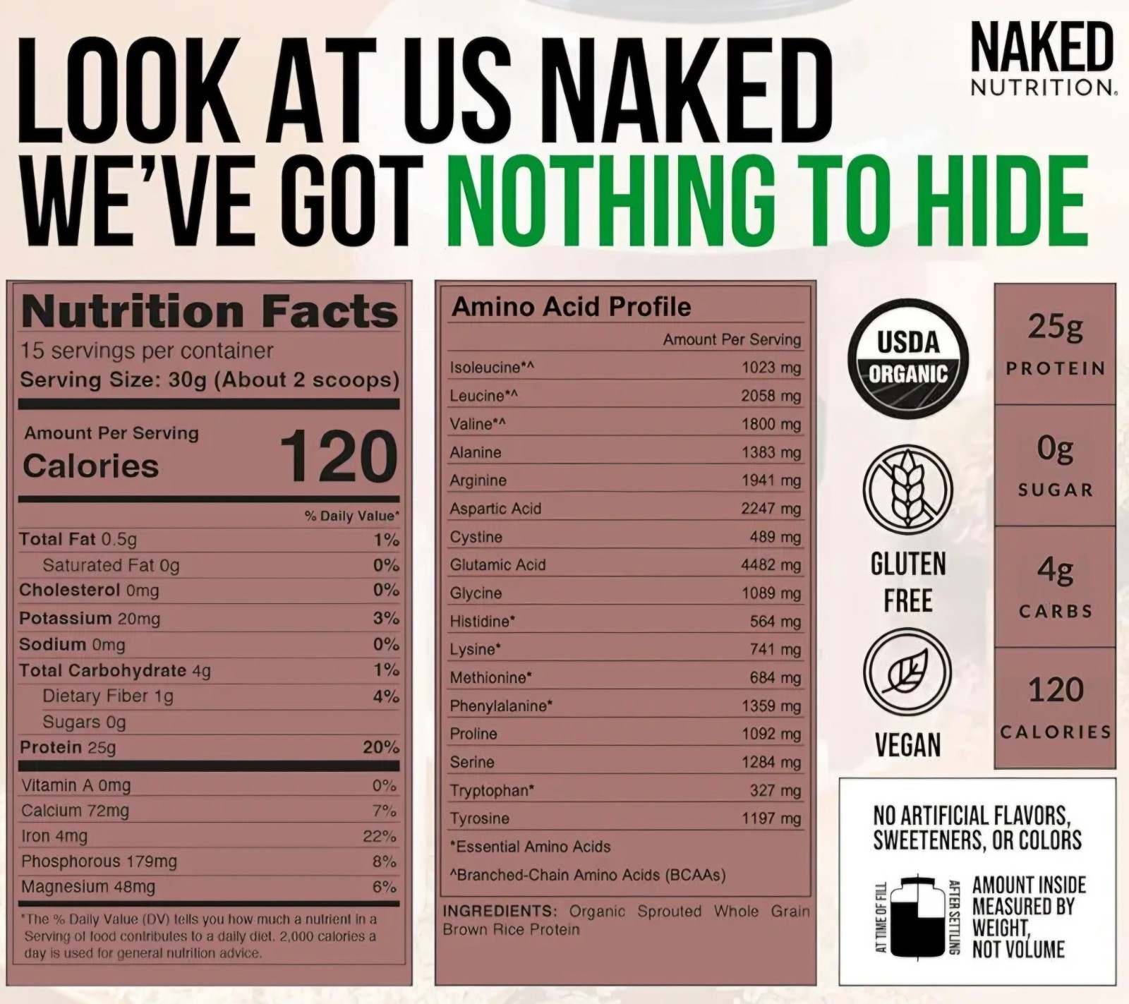 Naked Nutrition Organic Brown Rice Protein Powder Vegan Unflavored 1 lb
