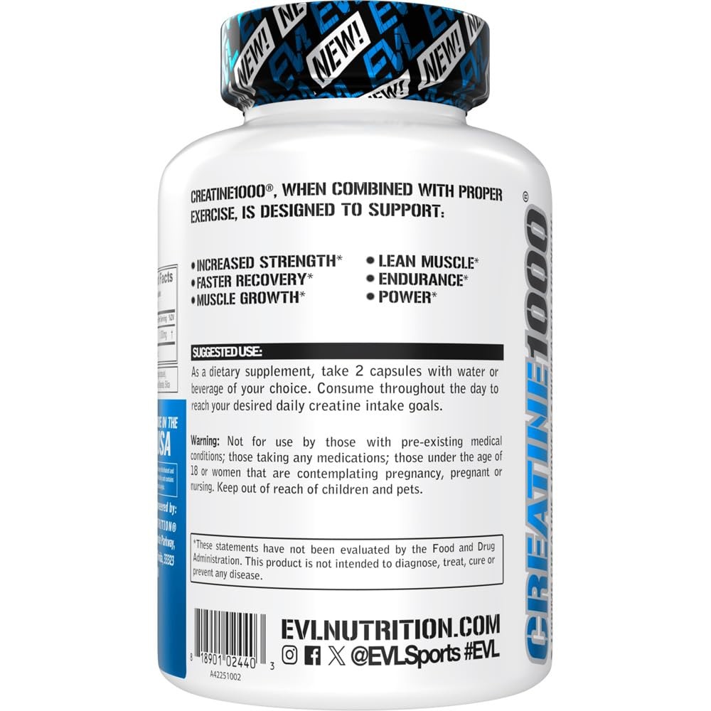 Creatine Monohydrate 1000mg Capsules for Muscle Recovery and Endurance 120 Count