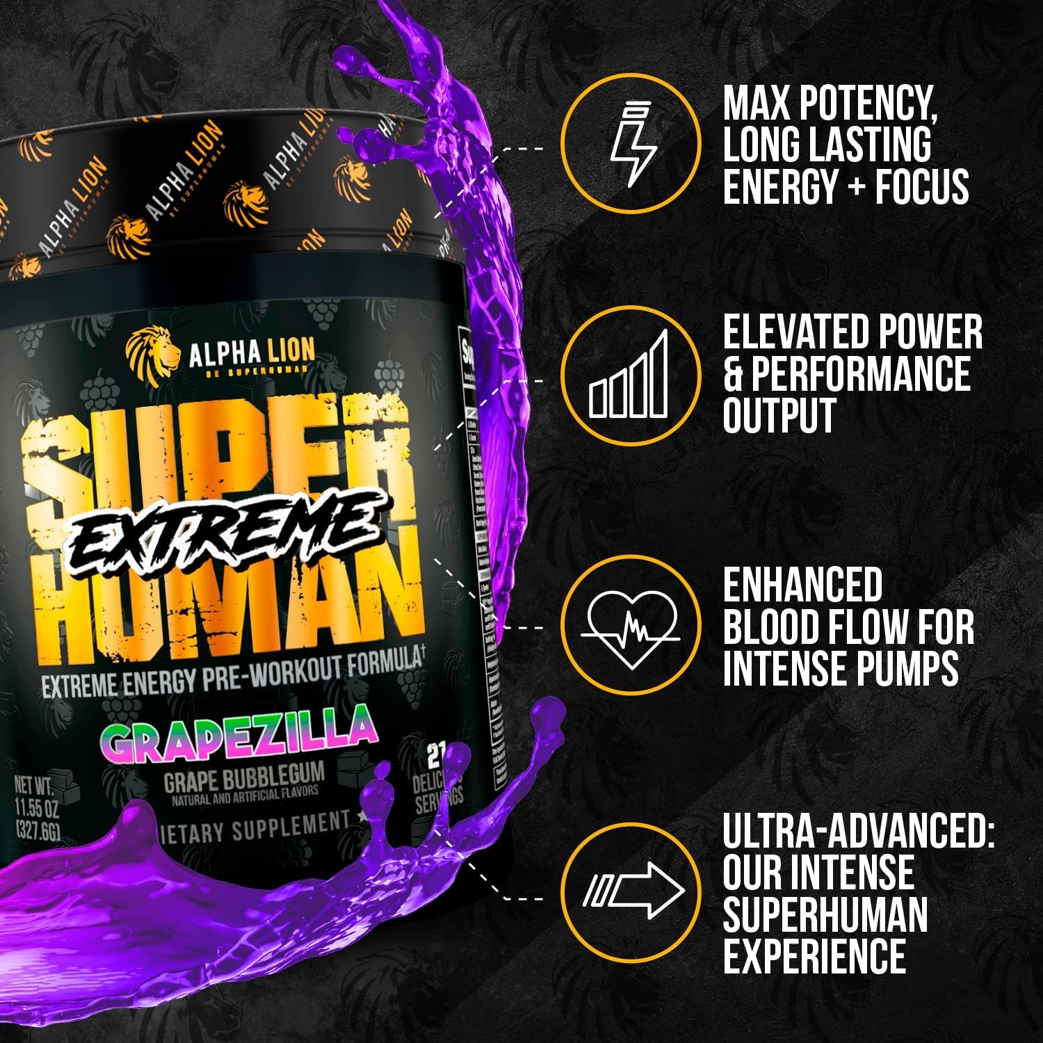 Alpha Lion Superhuman Extreme Pre-Workout Intense, Grapezilla (21 Servings)