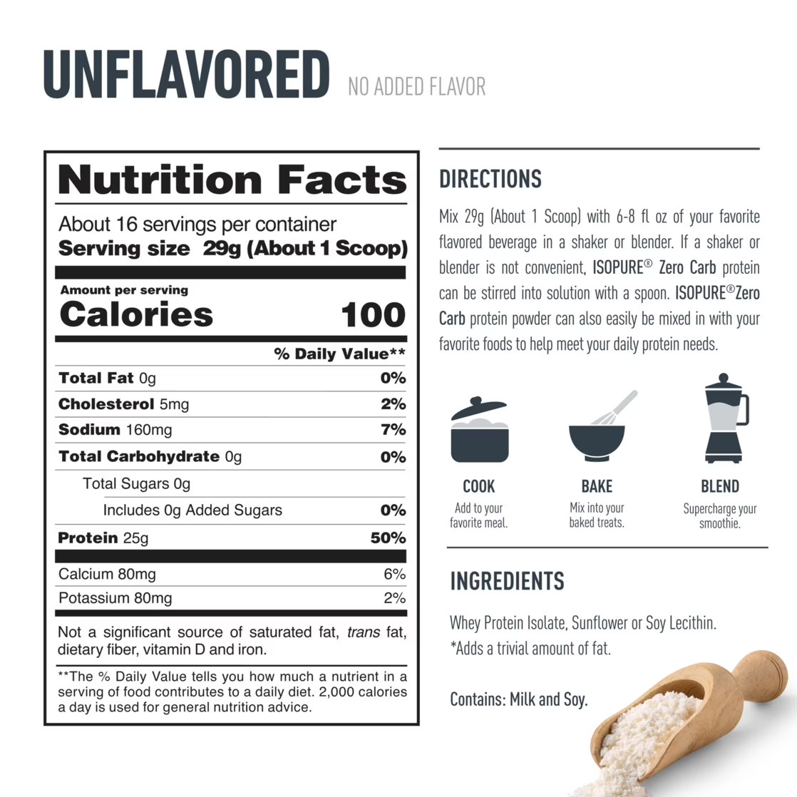 Isopure Zero Carb 100% Whey Protein Isolate Unflavored Protein Powder, 25g, 1lb
