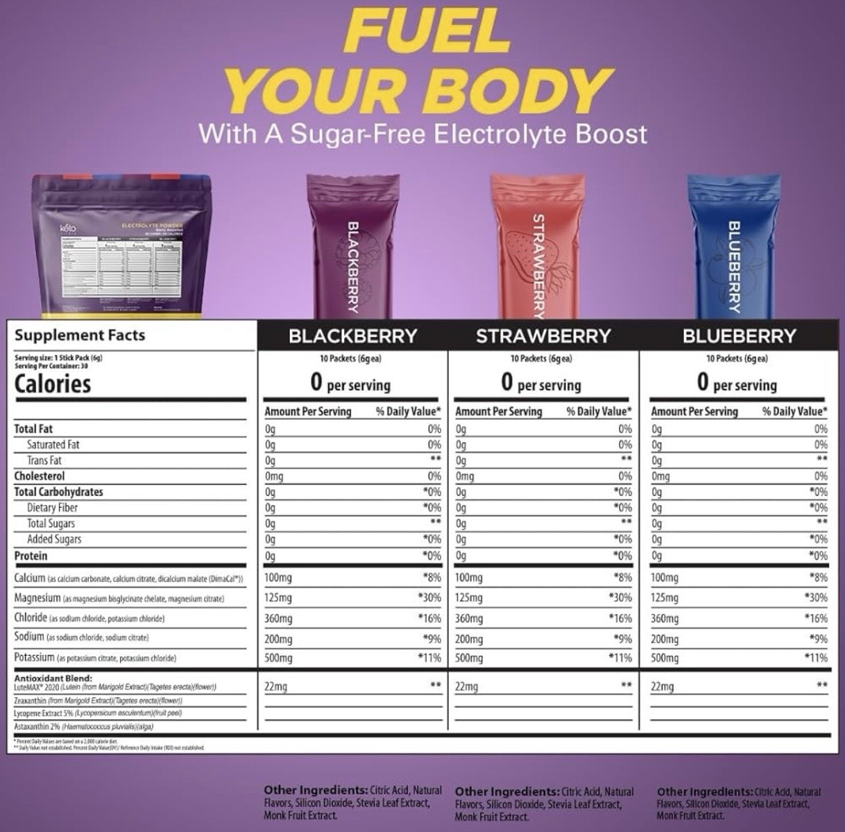 Keto Vitals Berry Electrolytes Energy Powder Packets No Sugar Keto Friendly 30pk