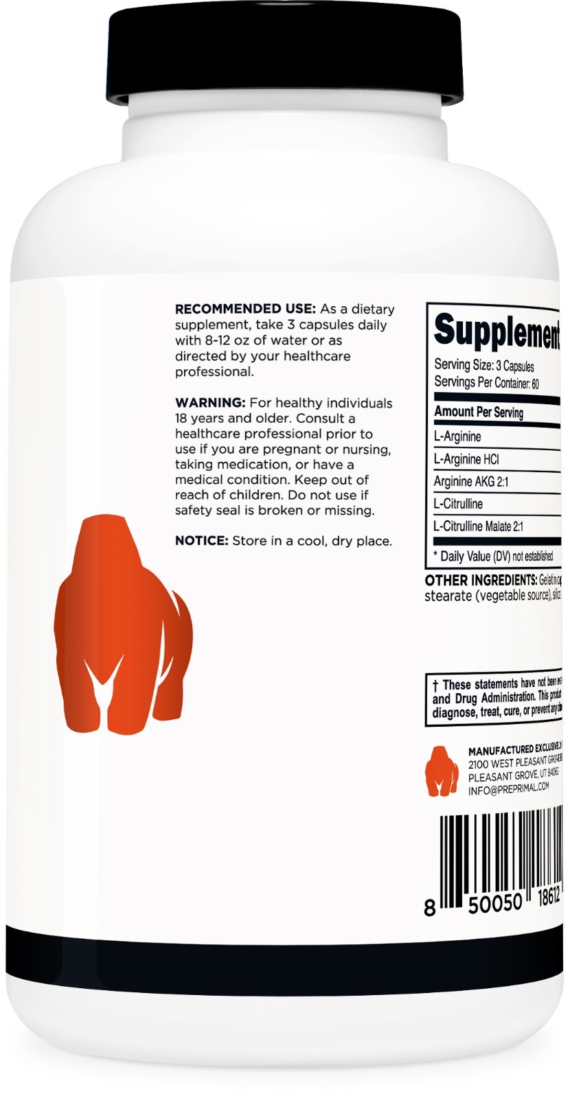 Primal Nitric Oxide Booster (2,250mg Per Serving)(180 Capsules)
