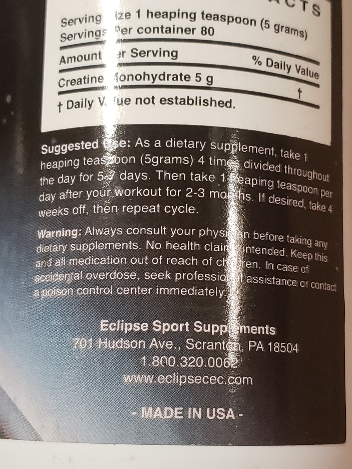 Eclipes Sports Supplements – Creatine Monohydrate – 400 grams – 80 Serv – 7/2025