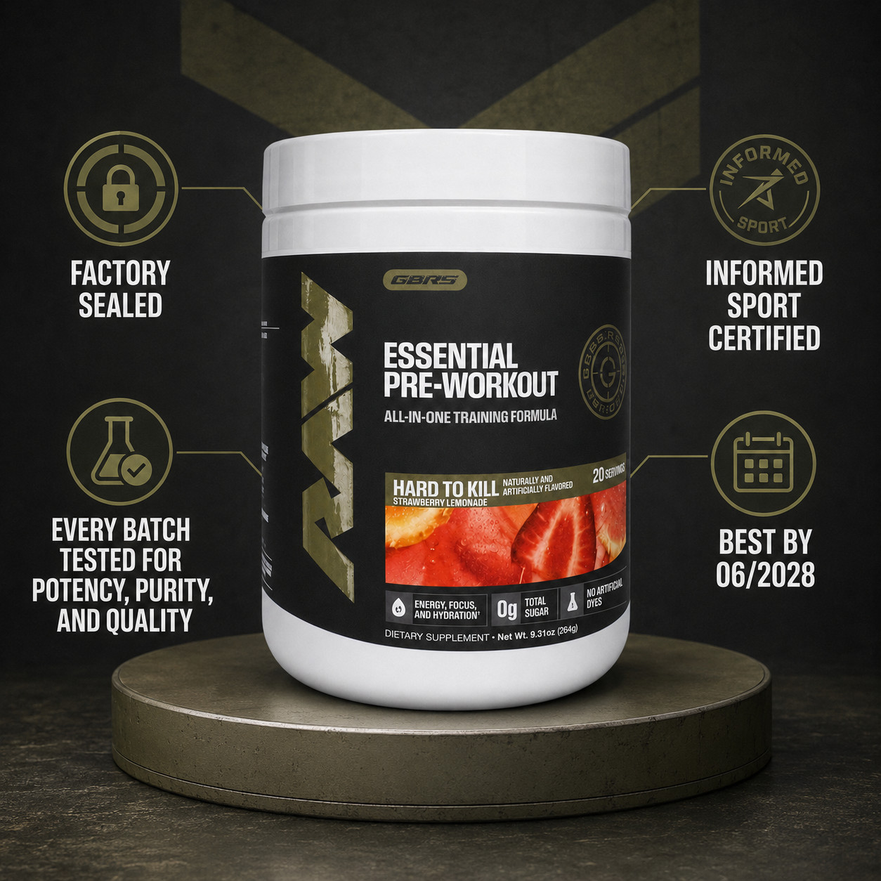 RAW x GBRS Essential Pre-Workout Hard to Kill Strawberry Lemonade Exp 06/2028