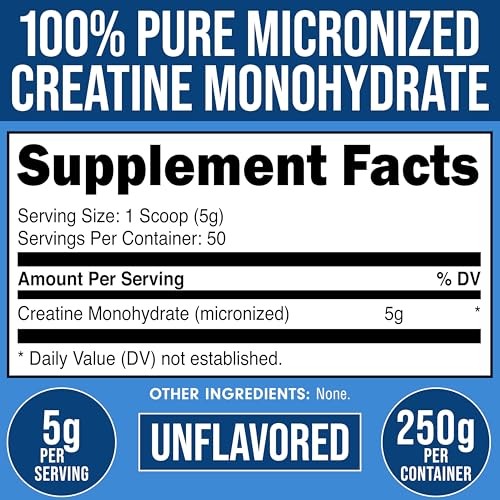 Creatine Monohydrate Micronized 250g 50 Servings 5g Unflavored
