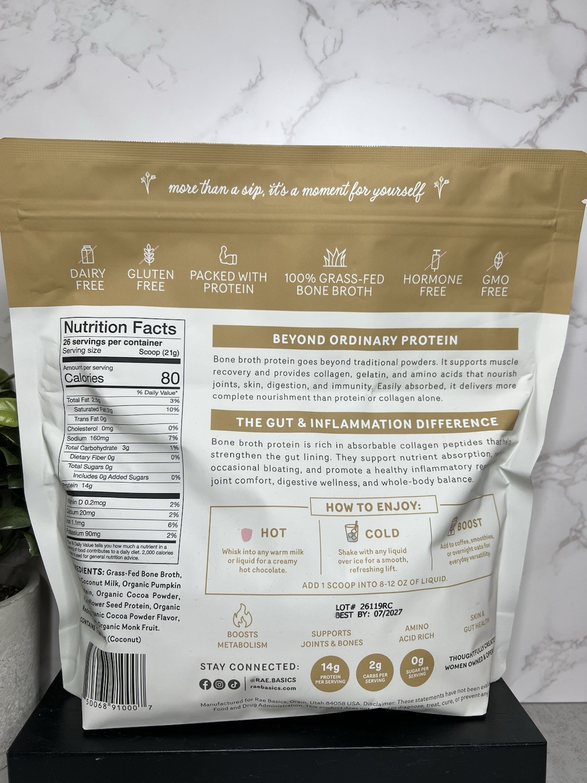 Rae Basics Bone Broth Protein Powder Chocolate 19.2oz 26 Serv Exp 07/27