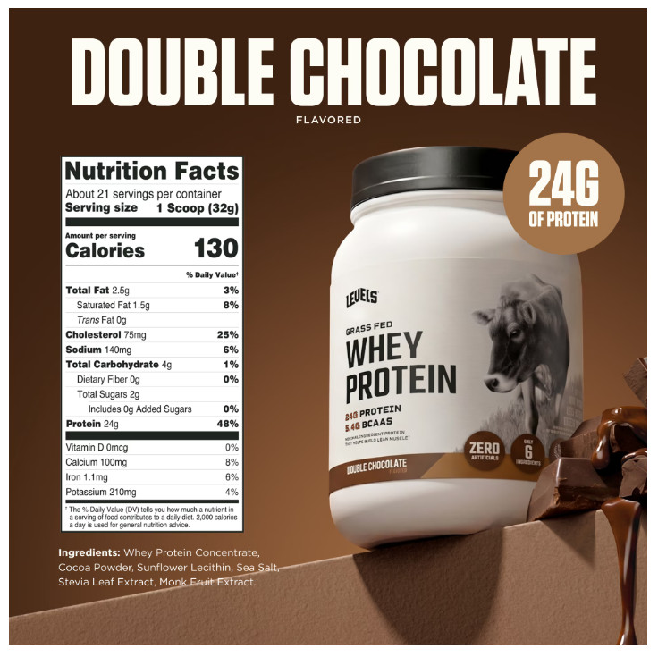 Levels Grass Fed Whey Protein Powder, No Artificials, 24G of Protein, Double Cho