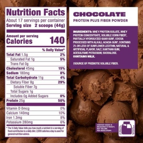 Premier Protein Plus Fiber Powder – Chocolate – Whey Protein -26.4oz/17 Servings