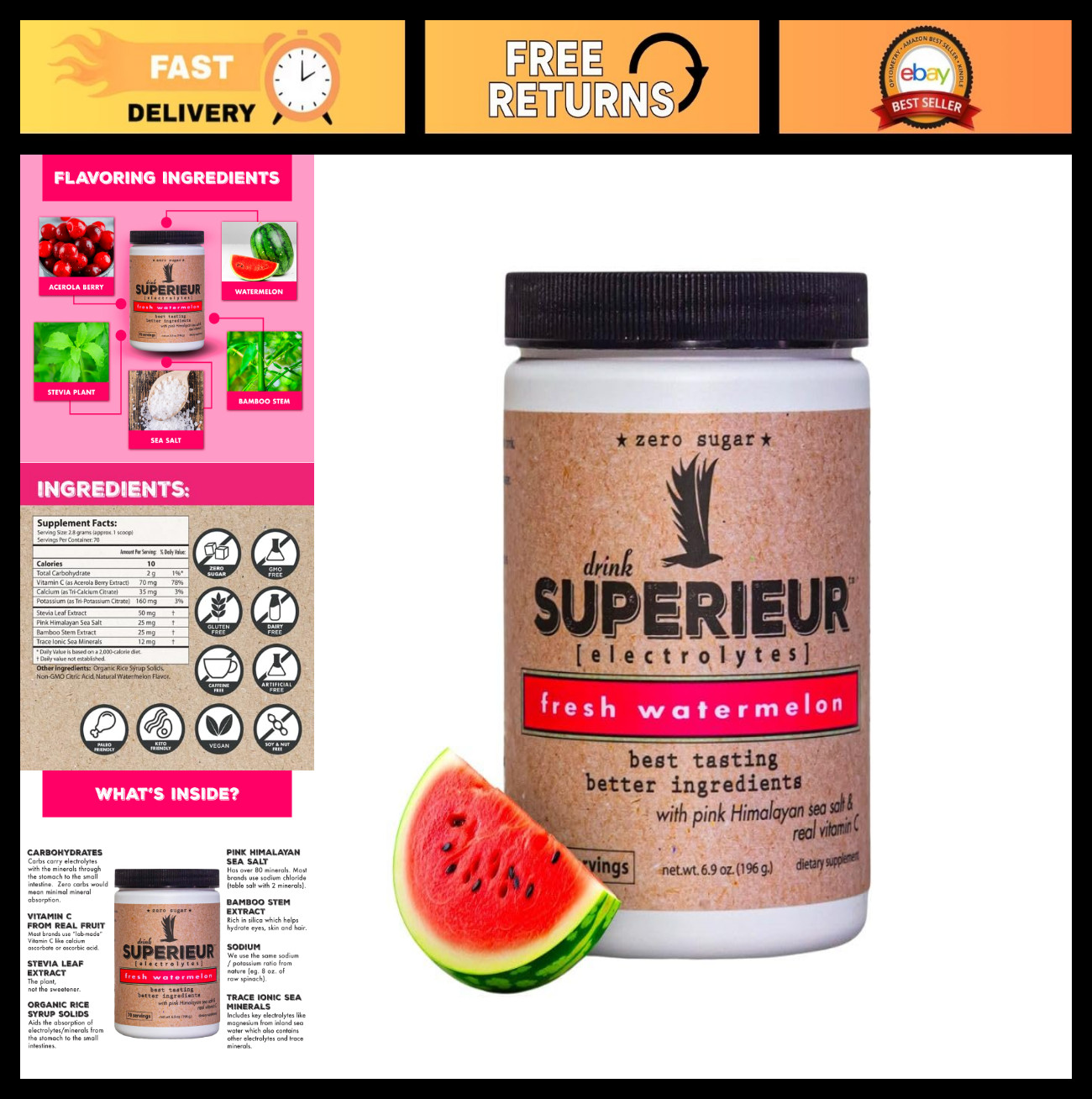 Electrolyte Powder Watermelon Flavor, 70 Servings | Vegan, Keto, Zero Sugar, Hyd