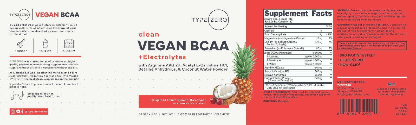 Type Zero Ultra Clean Vegan BCAA Powder + Electrolytes (Hawaiian Punch | 6G)