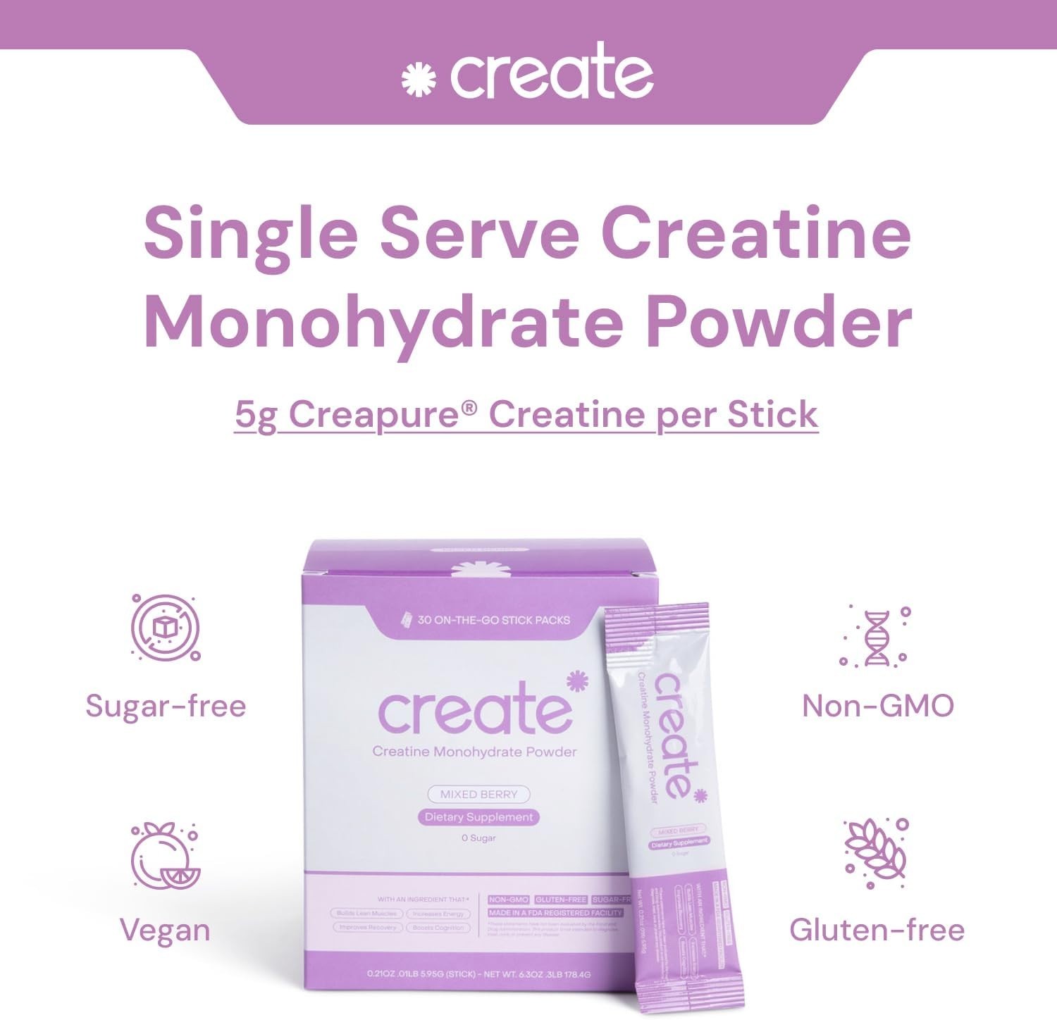 Create Creatine Monohydrate Powder Sticks-30 ct Variety Lemon Lime-Mix Berry etc