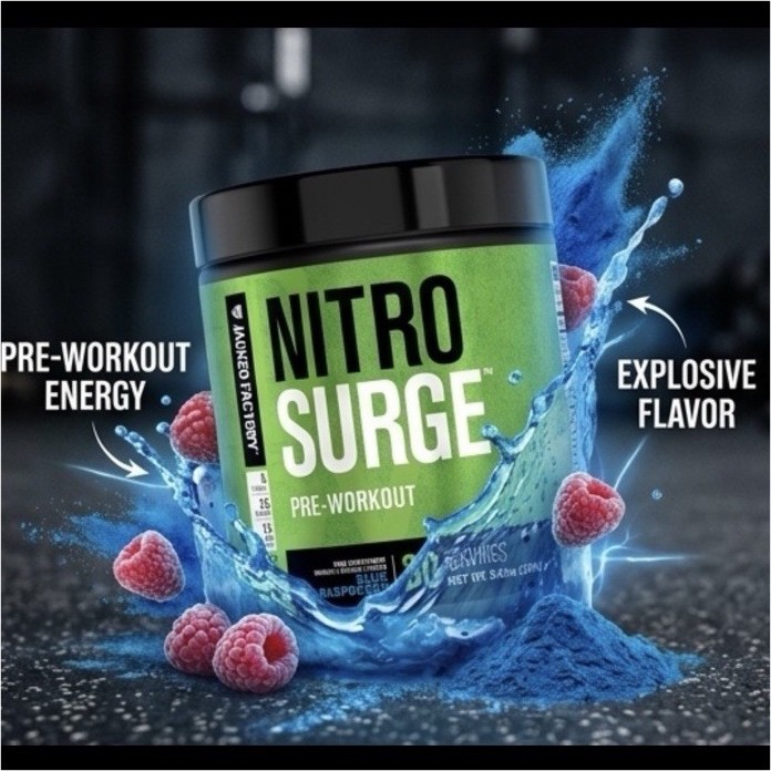 Jacked Factory Nitro Surge Pre-Workout Powder Raspberry Blue w/ Caffeine 9.21oz