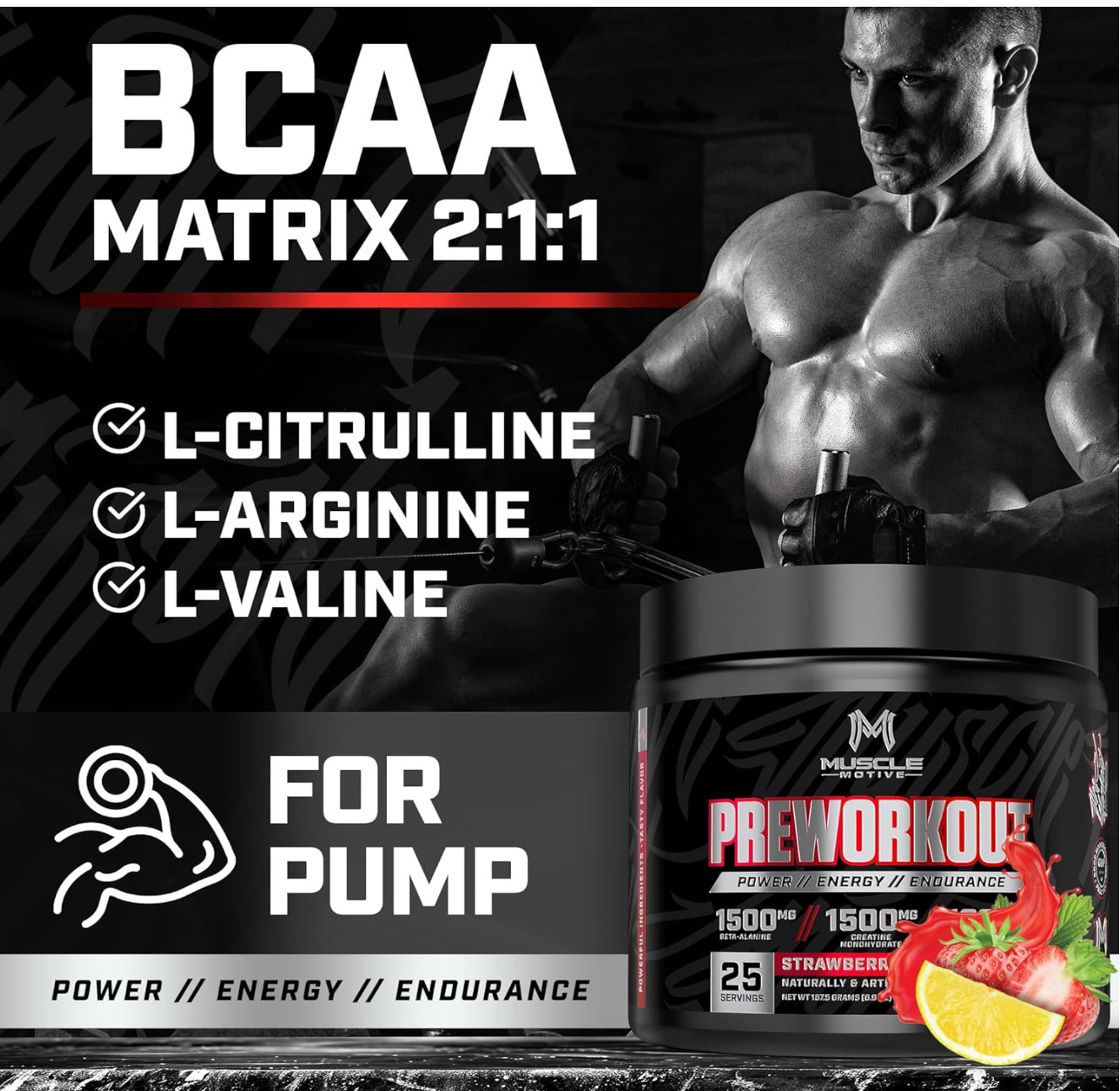 Pre Workout Powder with Beta Alanine, Creatine Monohydrate, BCAA, L Citrulline