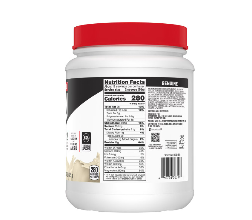 Muscle Milk Genuine Protein Powder, Vanilla, 32g Protein, 1.9lb, 30.9oz