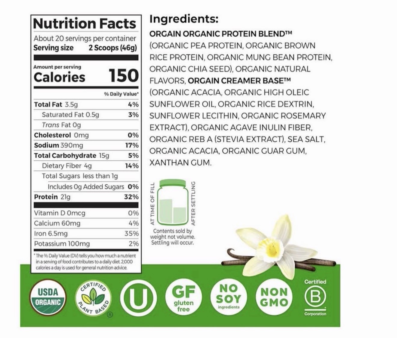 Orgain USDA Organic Vegan Plant-Based Protein Powder Vanilla Bean, No Soy