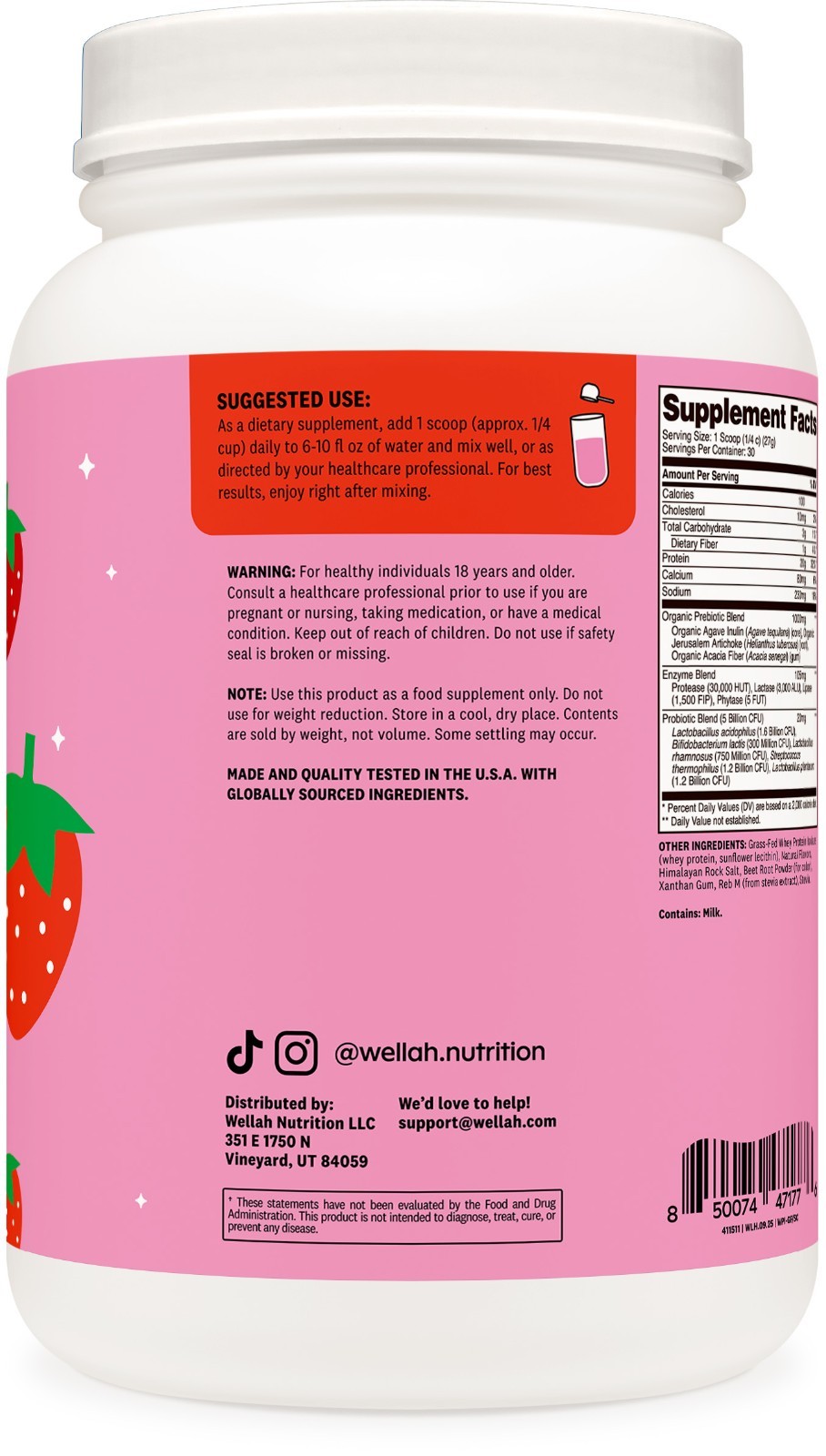 Wellah Grass-Fed Whey Protein Isolate Powder (Strawberries and Cream) 30 Serving