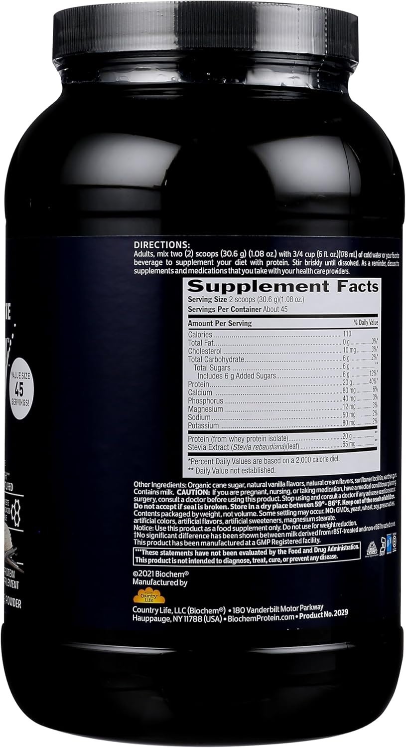 Biochem 100% Whey Protein Isolate – Grass Fed Vanilla 3 lbs (1377 grams)