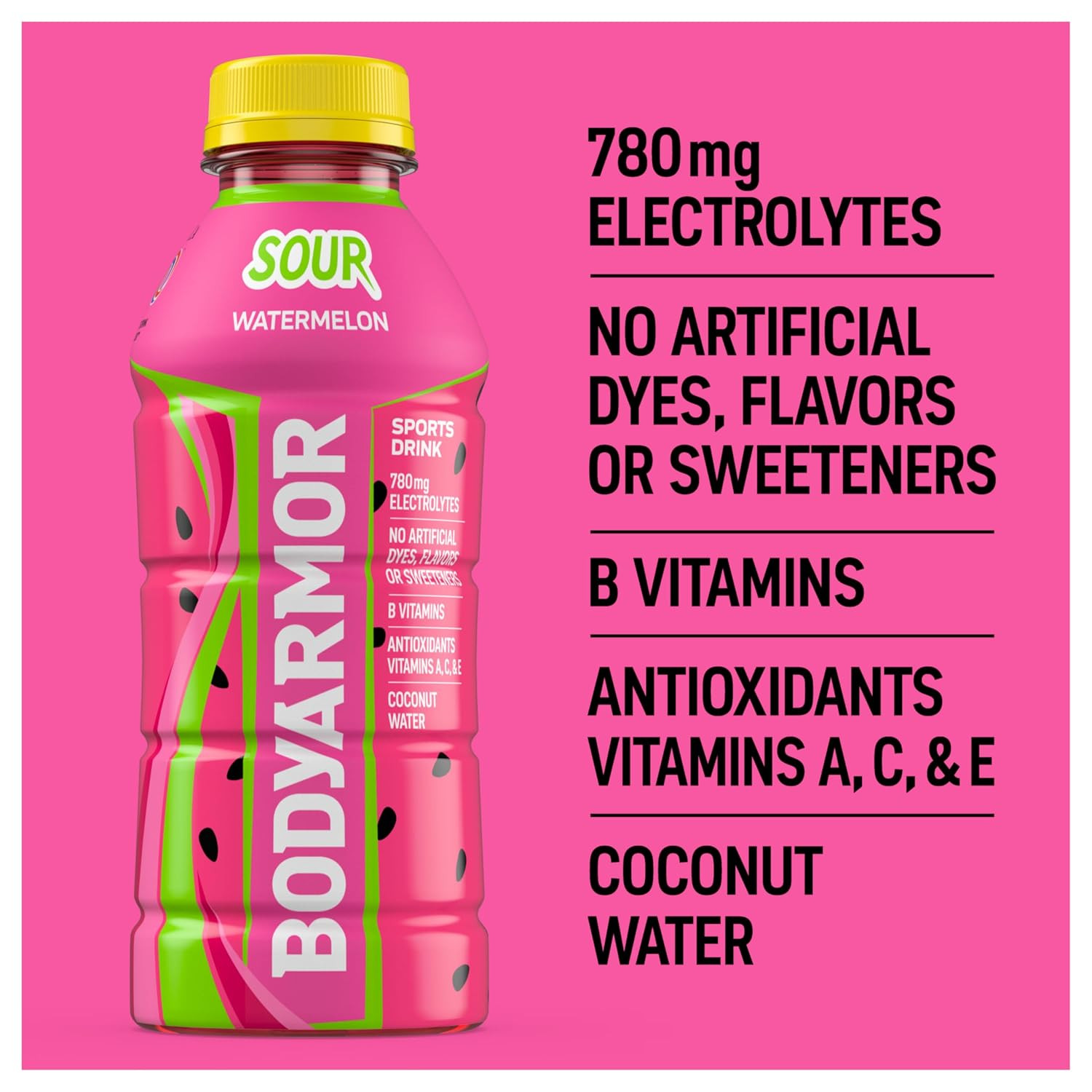 BODYARMOR Sports Drink, Sour Watermelon, 12-Pack of 16 Fl Oz Hydration Bottles