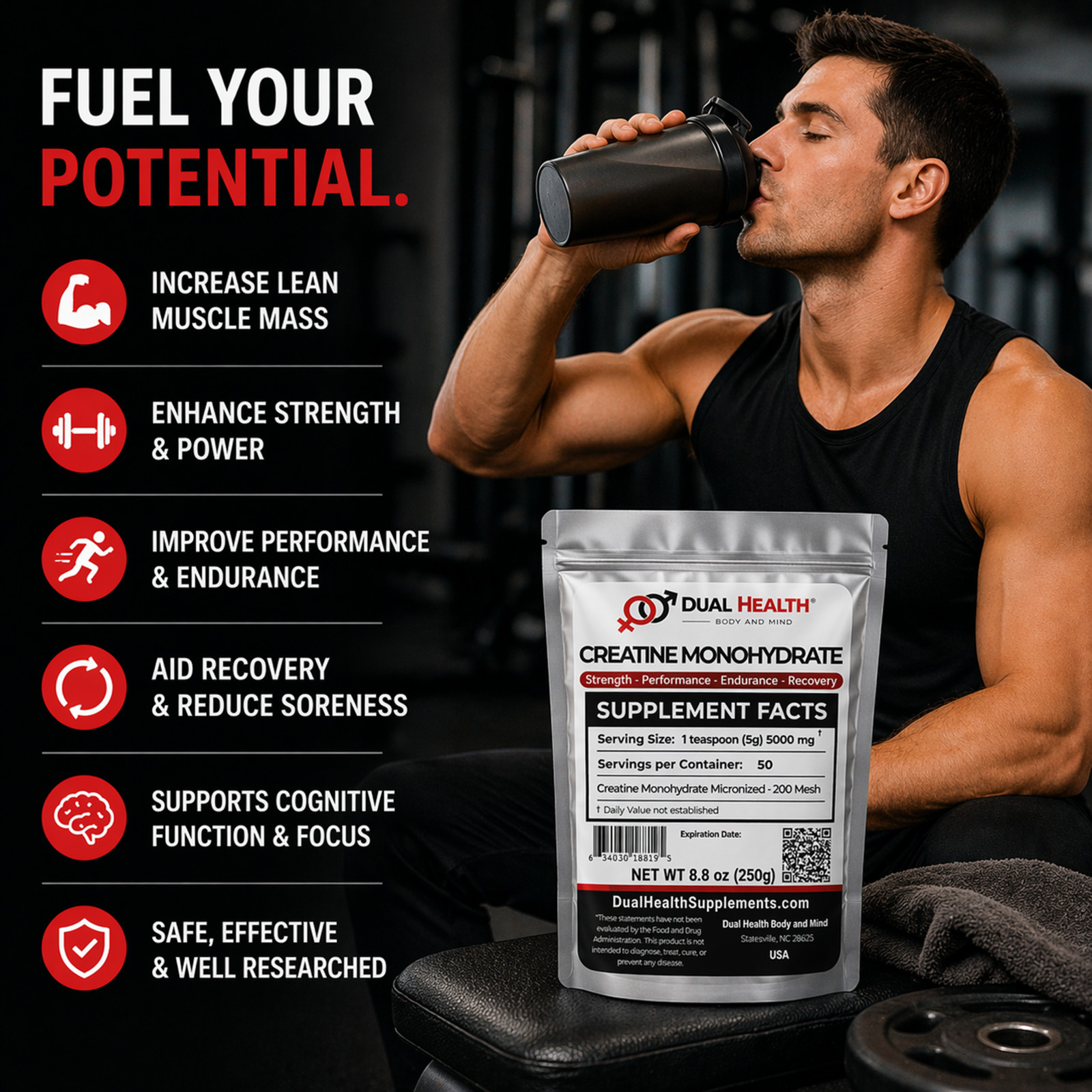 Creatine Monohydrate 200 Mesh (5g) Pure Dual Health Bulk Supplements Strength