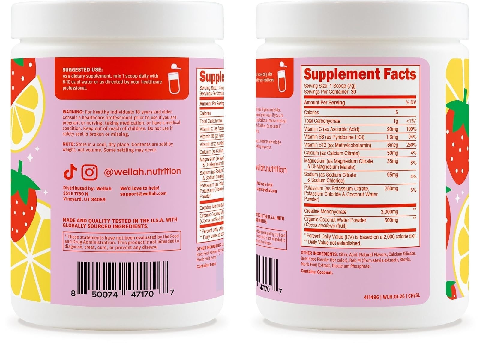 Wellah Creatine + Electrolytes Powder – Strawberry Lemonade – 30 Servings