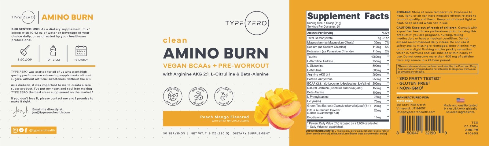 Type Zero Amino Burn (Peach Mango) 30 Servings – Pre Workout with Vegan BCAAs