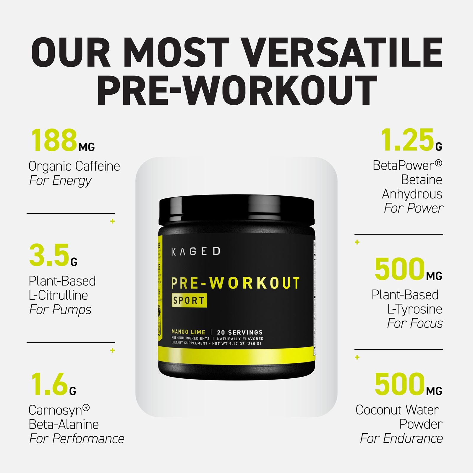 Kaged Sport Pre Workout Powder for Men & Women, 9.45 Ounce (Pack of 1), Black