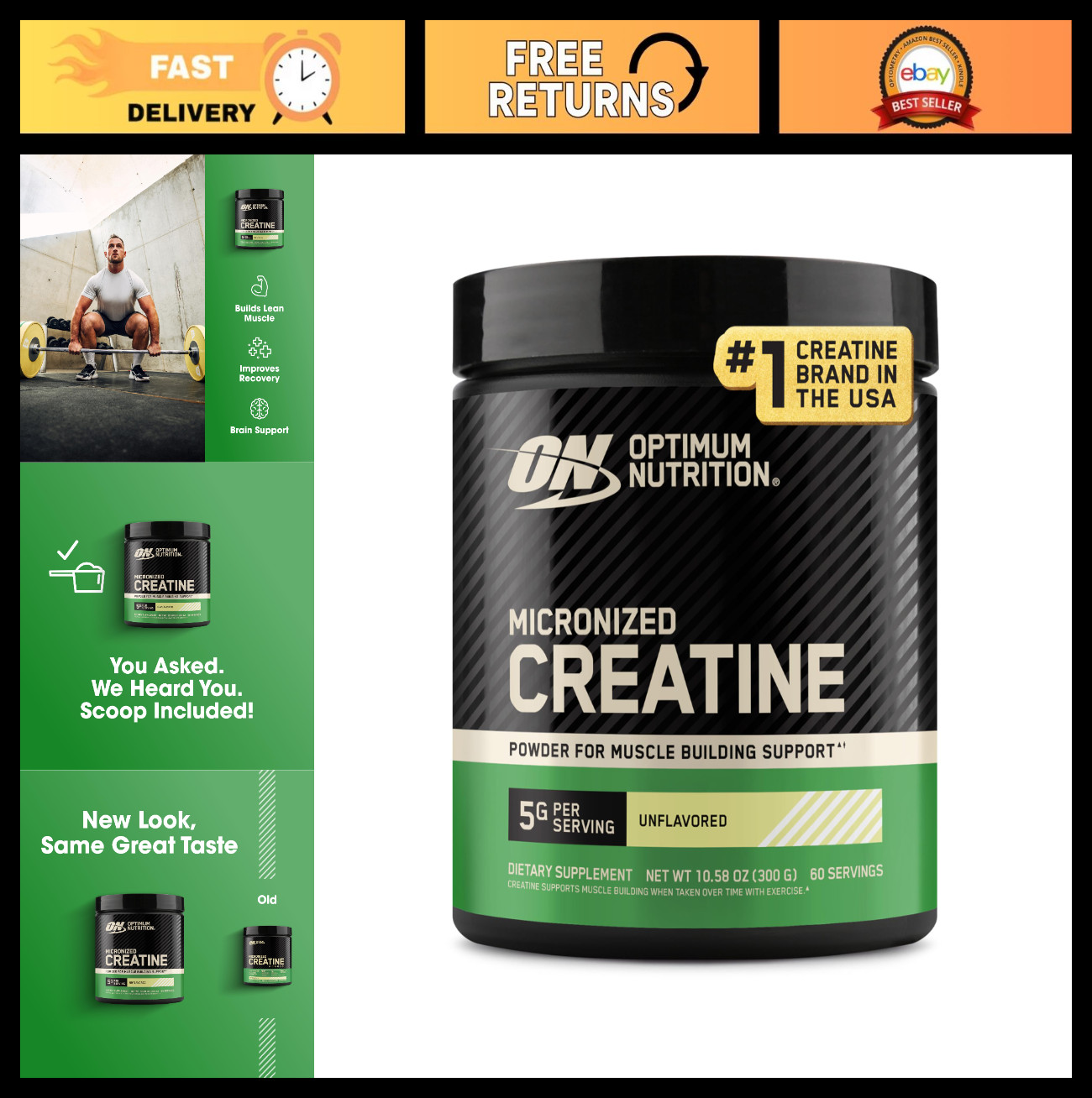 Micronized Creatine Monohydrate Powder, 5g per Serving, Supports Strength & Reco