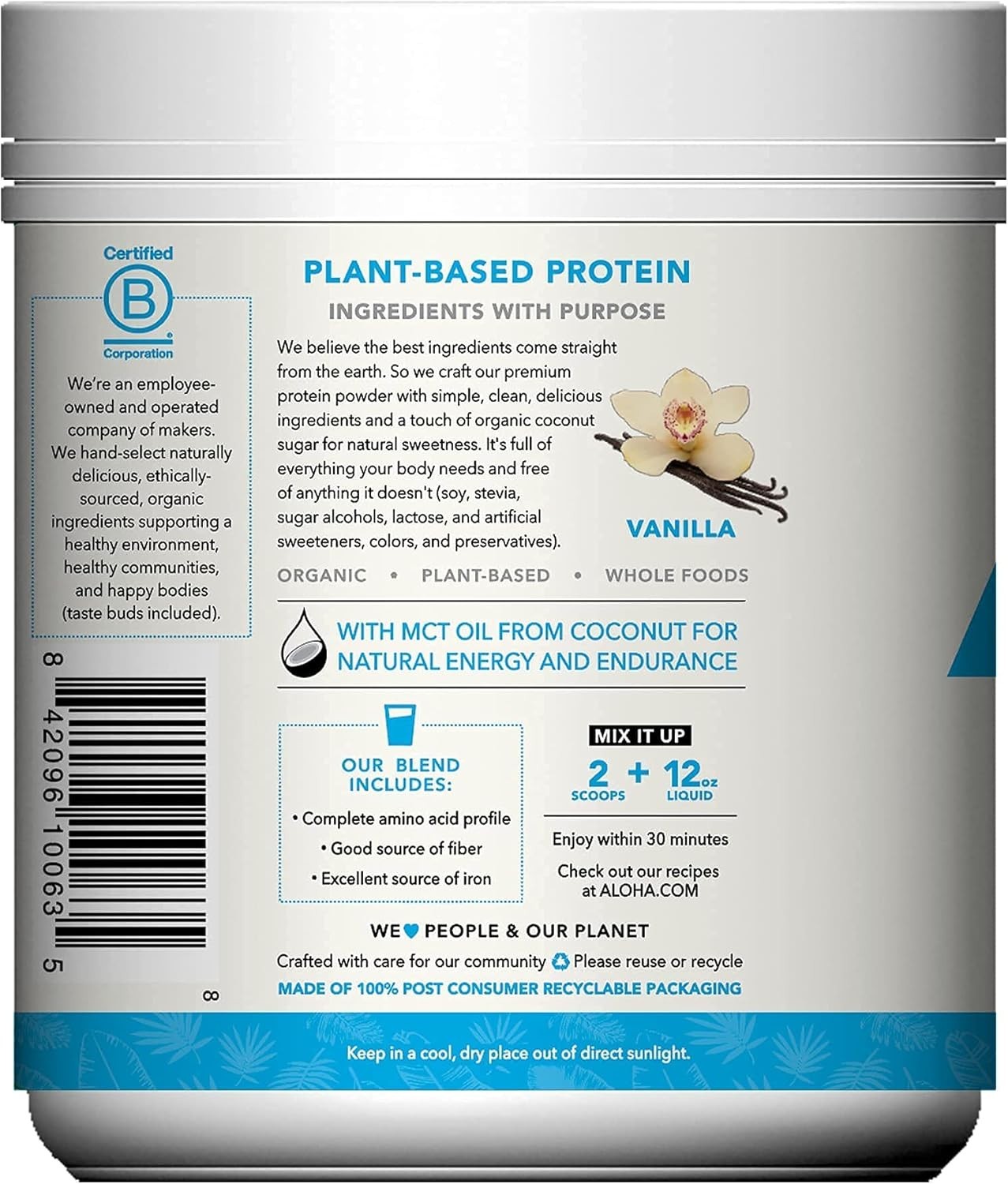 ALOHA Organic Plant Based Protein Powder, Stevia Free, Vanilla, 19.6 oz, 15 Serv
