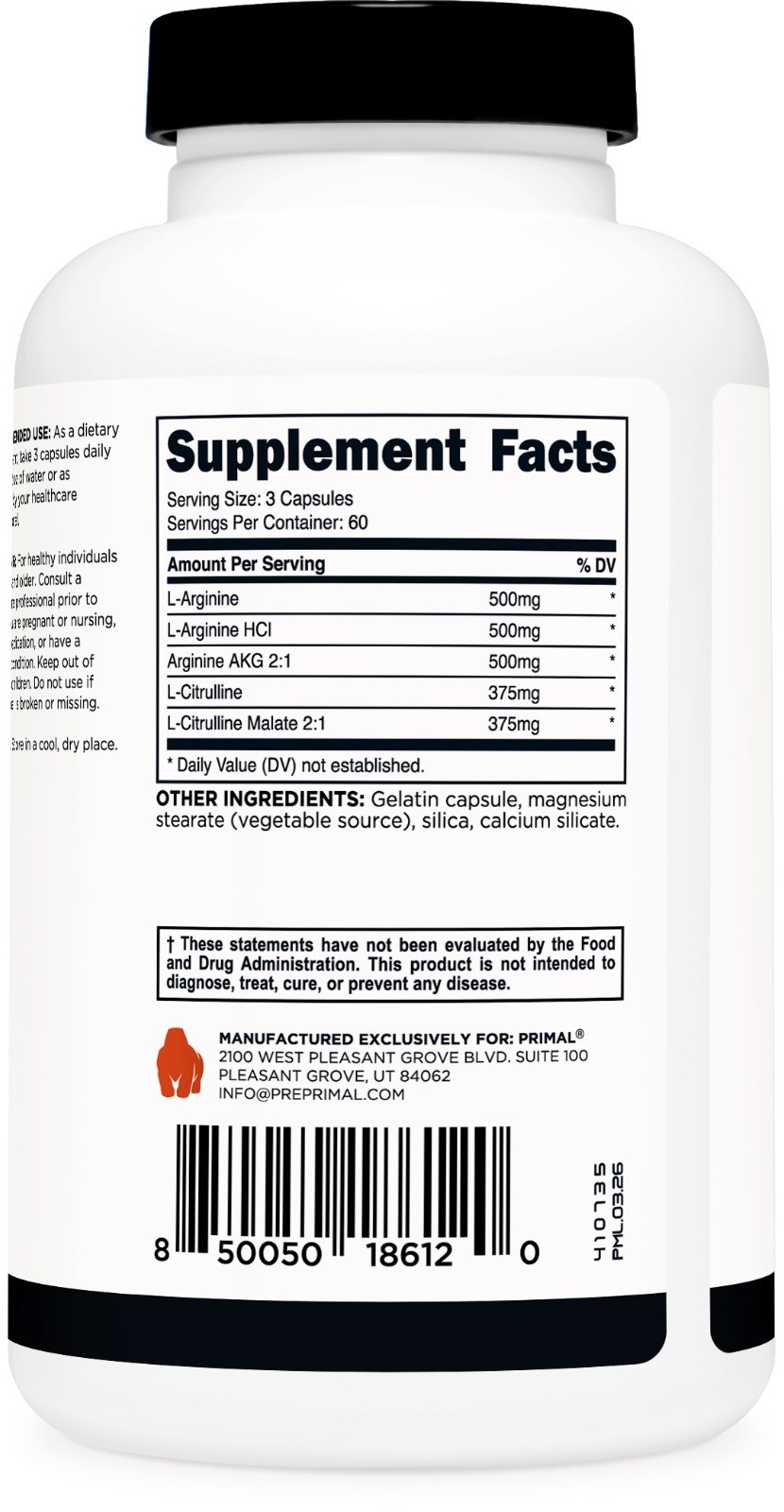Primal Nitric Oxide Booster (2,250mg Per Serving)(180 Capsules)