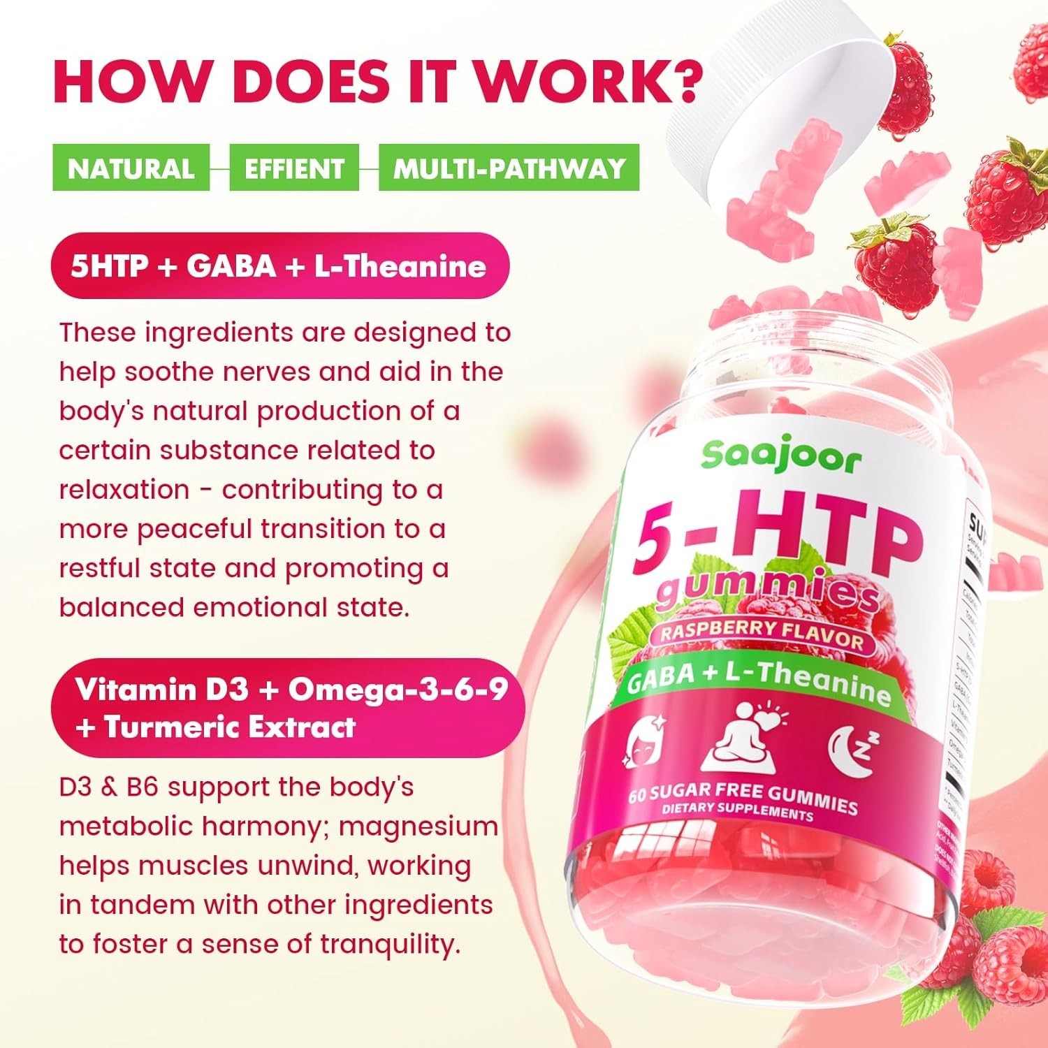 Saajoor 5-HTP 300mg Gummies with GABA+L-Theanine & Vitamin D3, Circadian Support