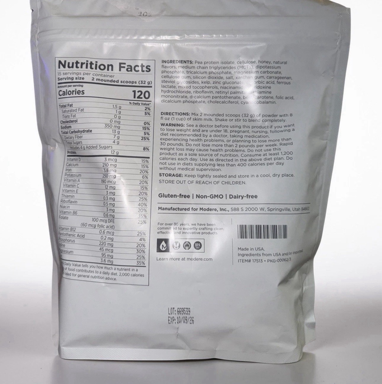 Modere Vanilla Shake Meal Replacement 16.9 Oz (1.1 LB) Ex: 10/26
