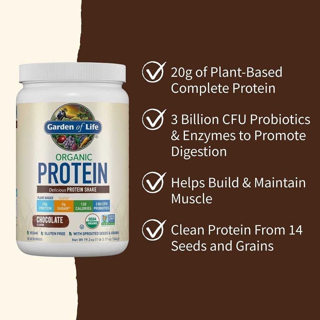 Pack 2 Garden of Life Organic Protein Plant Based Powder CHOCOLATE, 20 oz, 10/27